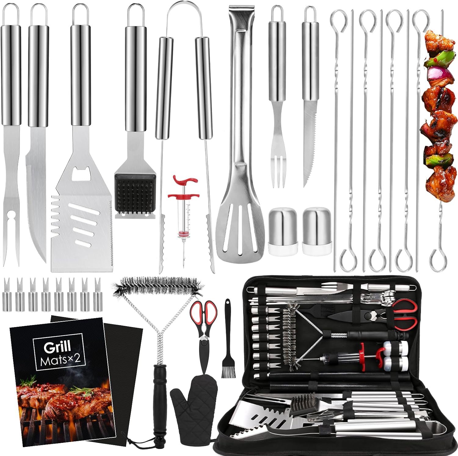 Outdoor Camping Mat - 34Pcs BBQ Grilling Tools Set, Stainless