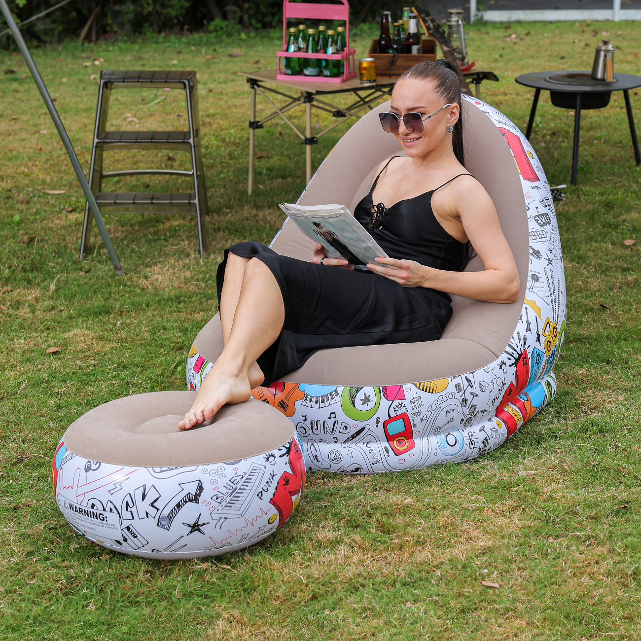 Outdoor Camping Couch - 1PC Inflatable Lounger Chair with Ottoman,